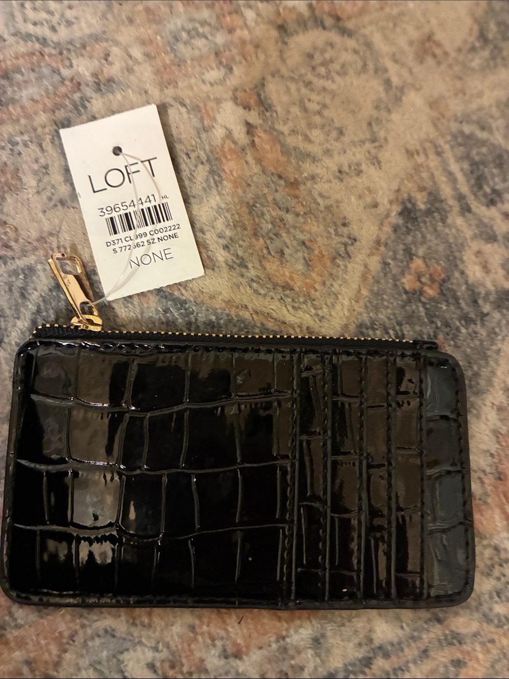 LOFT Black Croc-Embossed Patent Zip Card Case